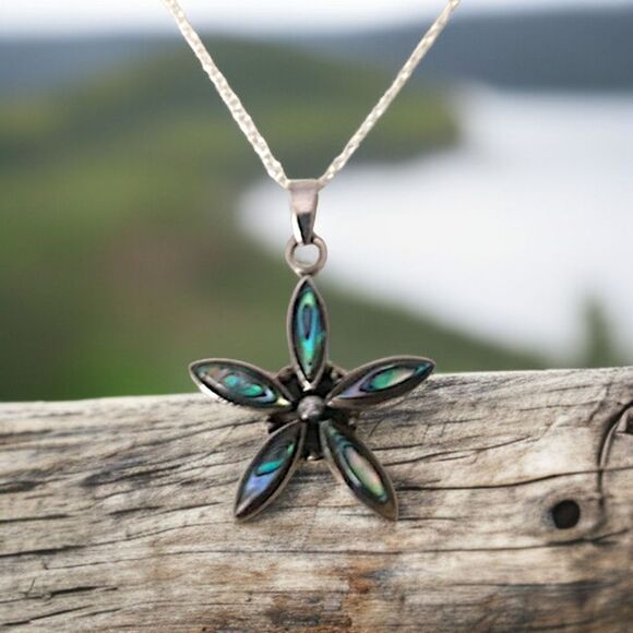 Abalone Star Sterling Necklace 925 Silver Pendant Daisy Flower 18" Beach Coastal - Picture 14 of 16